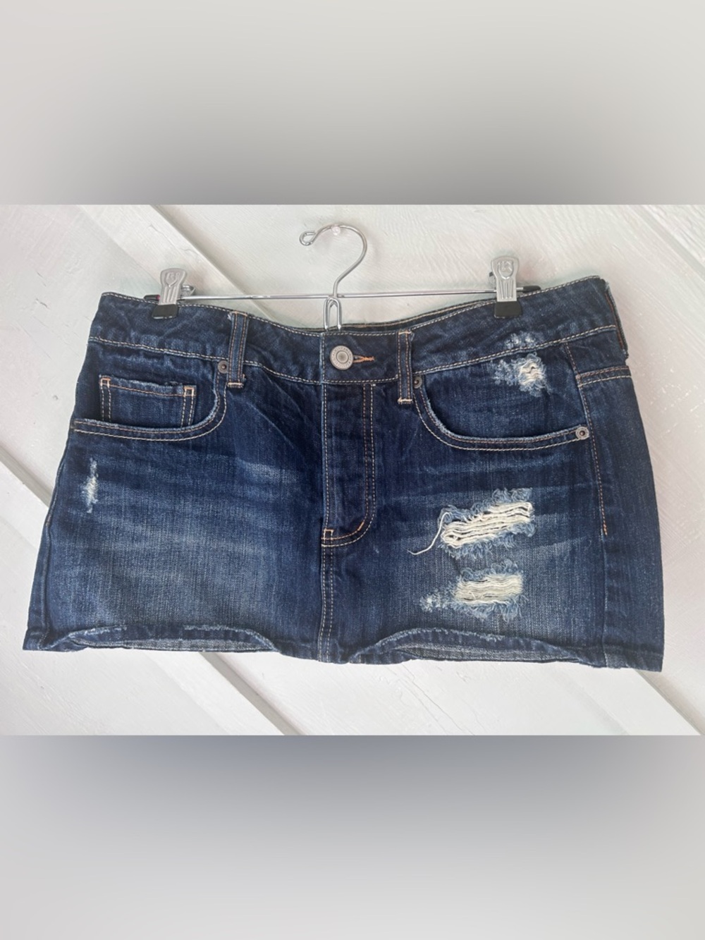 American Eagle Outfitters Dark Blue Distressed Denim Mini Skirt